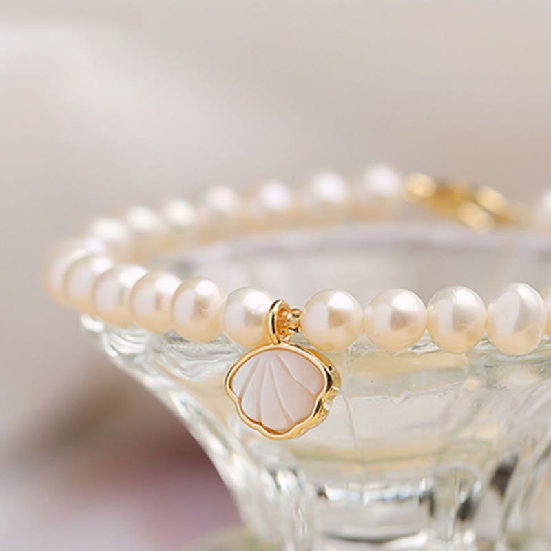 14K Gold Plated Natural Pearl & Seashell Charm Bead Bracelet with Amethyst or Red Agate
