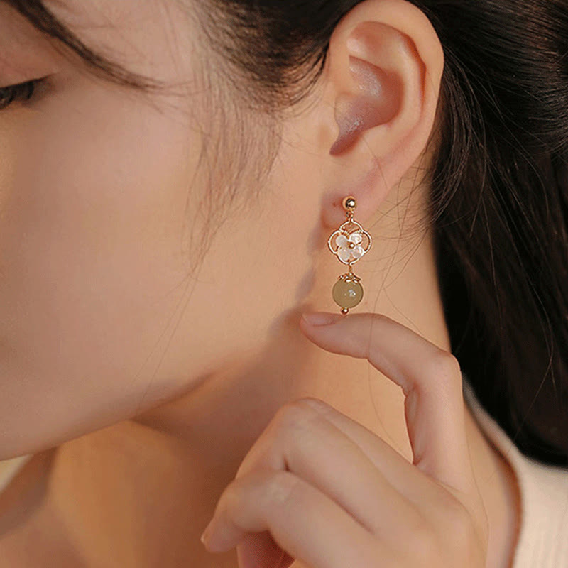 Tridacna Stone Flower Jade Bead Blessing Drop Earrings