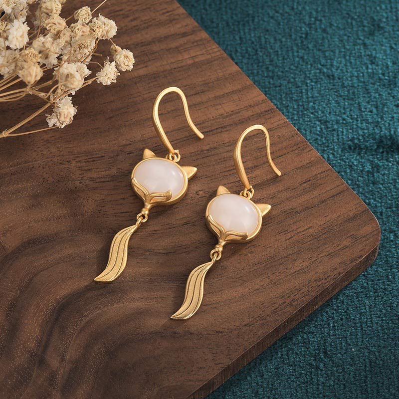Handcrafted White Jade Fox Copper Earrings for Clarity and Balance