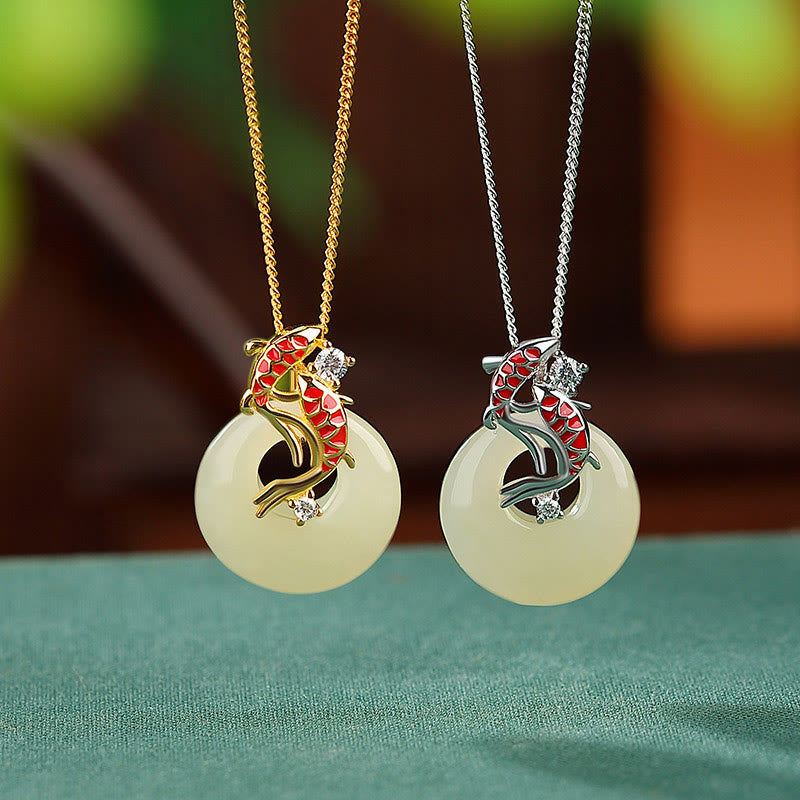 925 Sterling Silver Hetian Jade Peace Buckle Koi Fish Luck Necklace Pendant