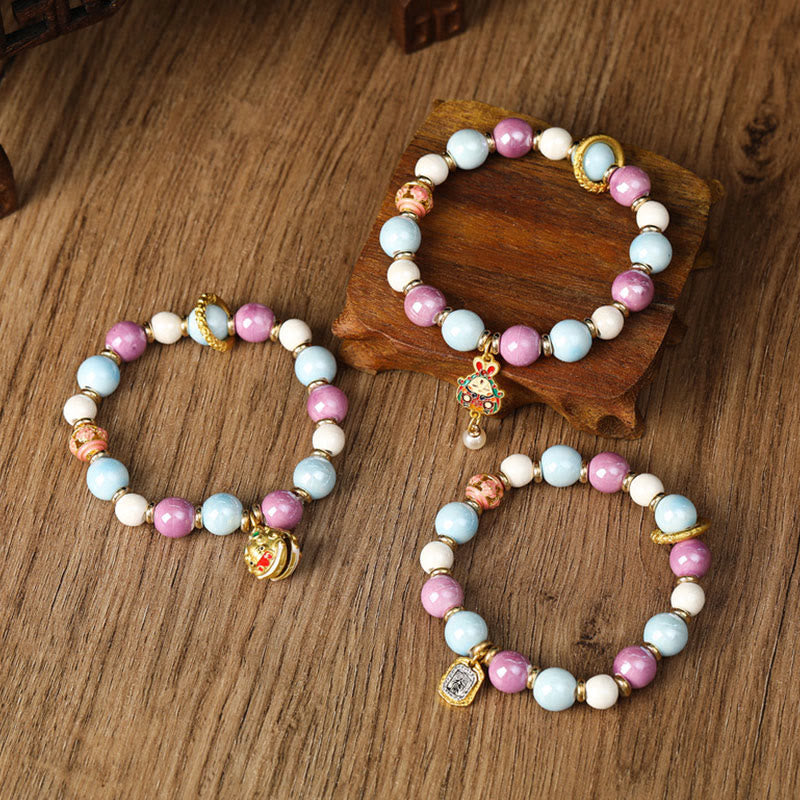 Tibetan Zakiram Goddess of Wealth Rabbit Lion Head Charm Liuli Glass Incense Ash Porcelain Bead Protection Bracelet