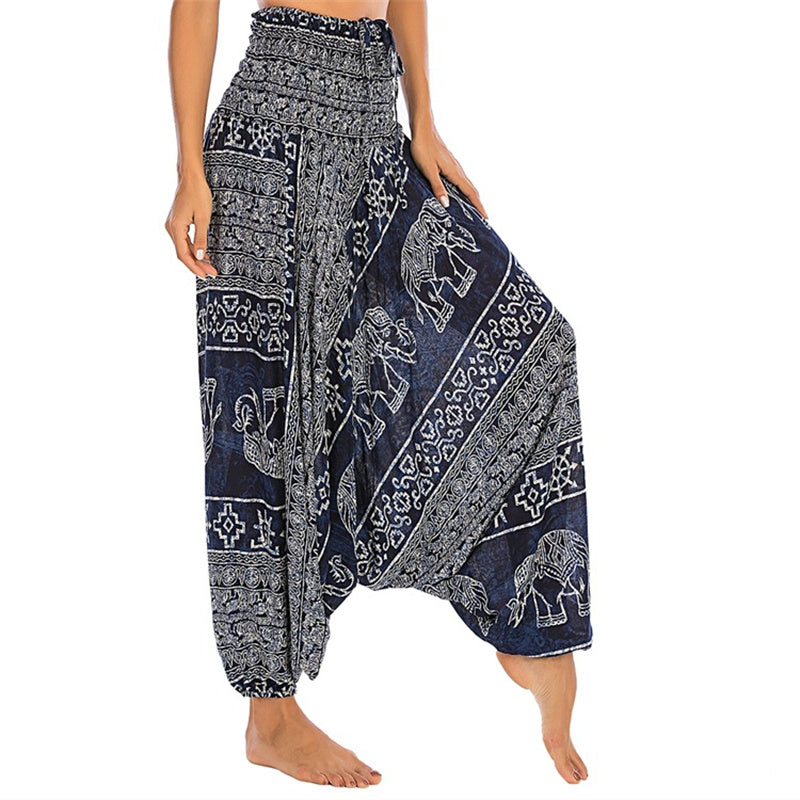 Two Style Wear Elephant Pattern Loose Smocked Harem Trousers Jumpsuit Women's Yoga Pants