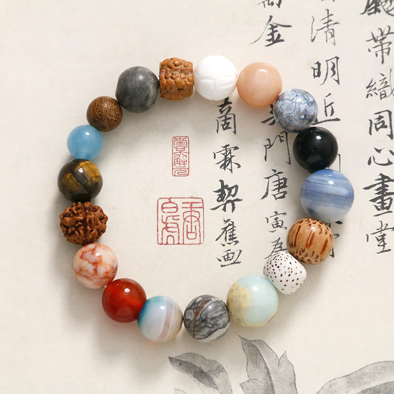 Handmade 18-Bead Bodhi Seed Bracelet with Natural Agate and Clear Quartz