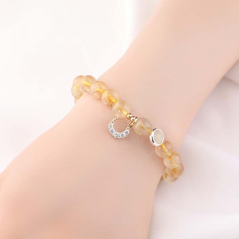 Radiant Citrine Gemstone Beaded Bracelet with Moon Charm