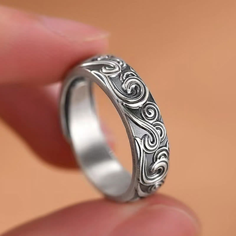 999 Sterling Silver Auspicious Clouds Engraved Blessing Adjustable Ring