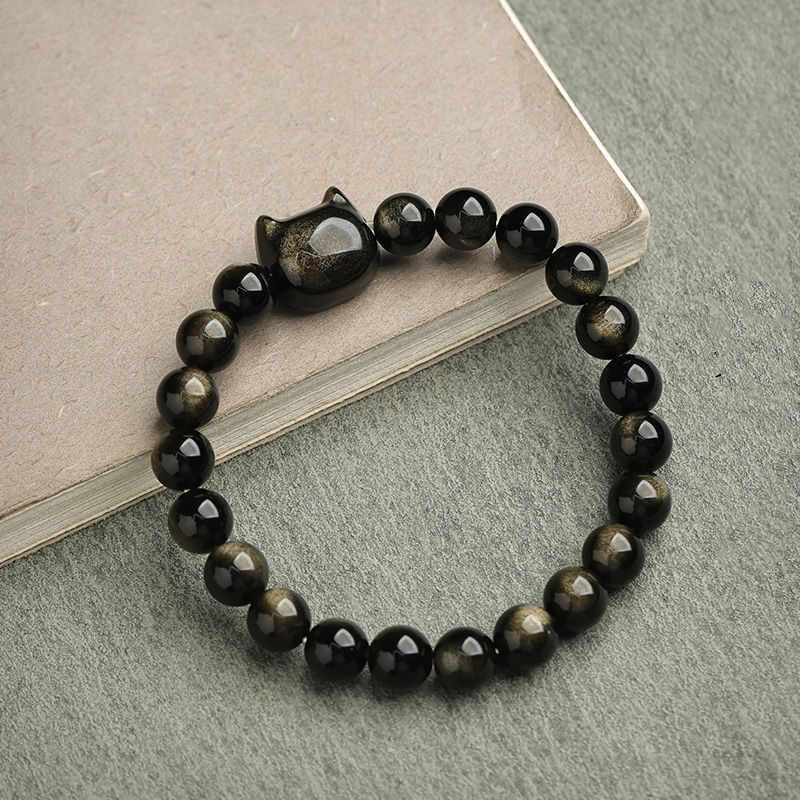 Handmade Gold & Silver Sheen Obsidian Feline Motif Beaded Bracelet
