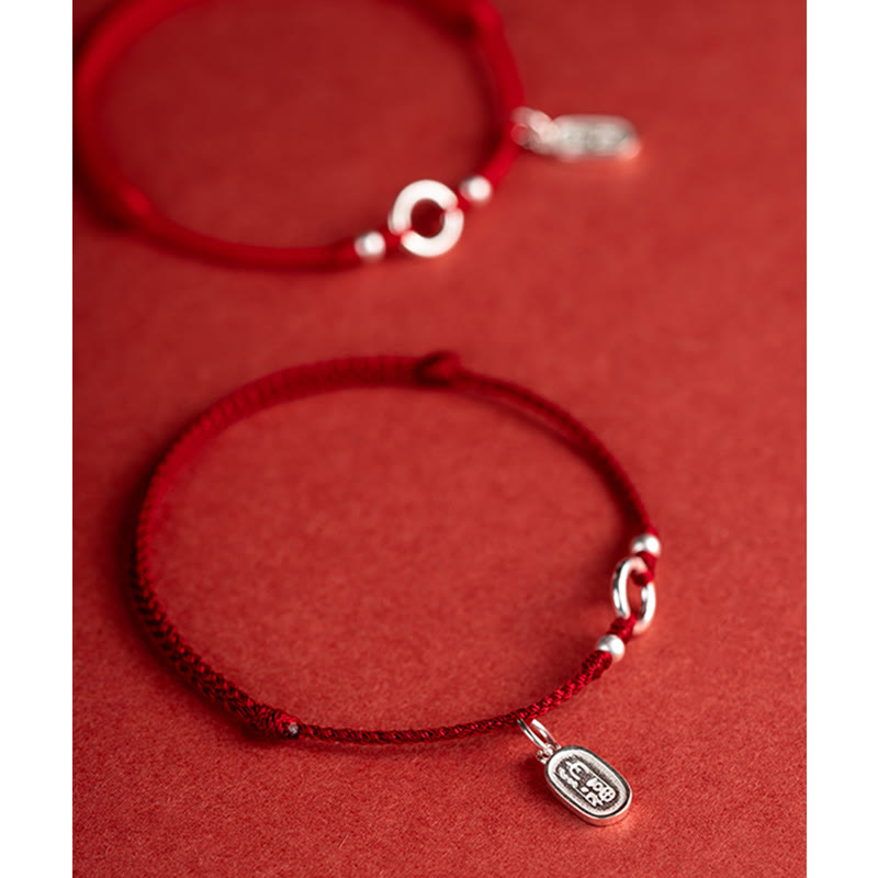 925 Sterling Silver Ping An Kou Lotus Red String Bracelet with Peace and Joy Charms