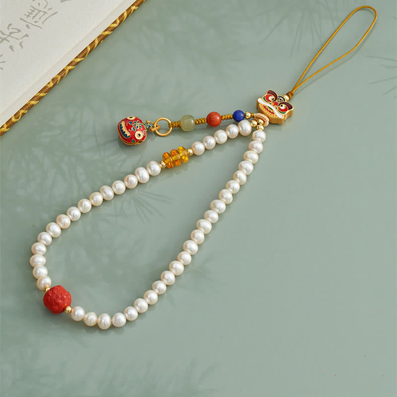 Natural Pearl Cinnabar Money Bag Bell Gold Swallowing Beast Dancing Lion Healing Phone Hanging Decoration