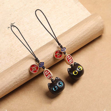Ebony Wood Lucky Cat Auspicious Cloud Peace Key Chain Phone Hanging Decoration