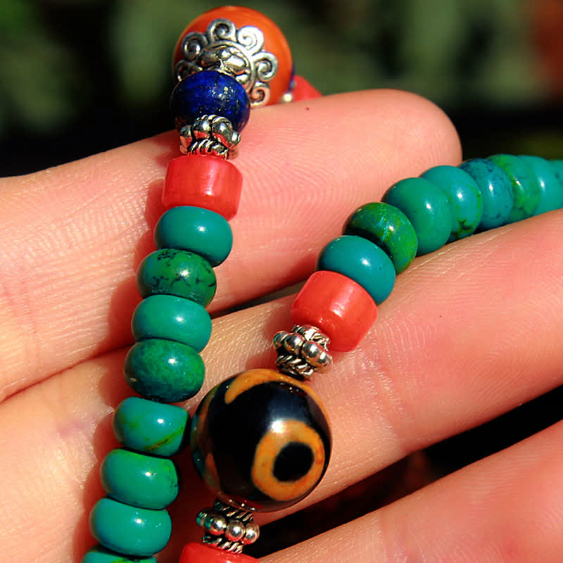 108 Tibetan Turquoise Amber and Dzi Bead Meditation Mala Bracelet