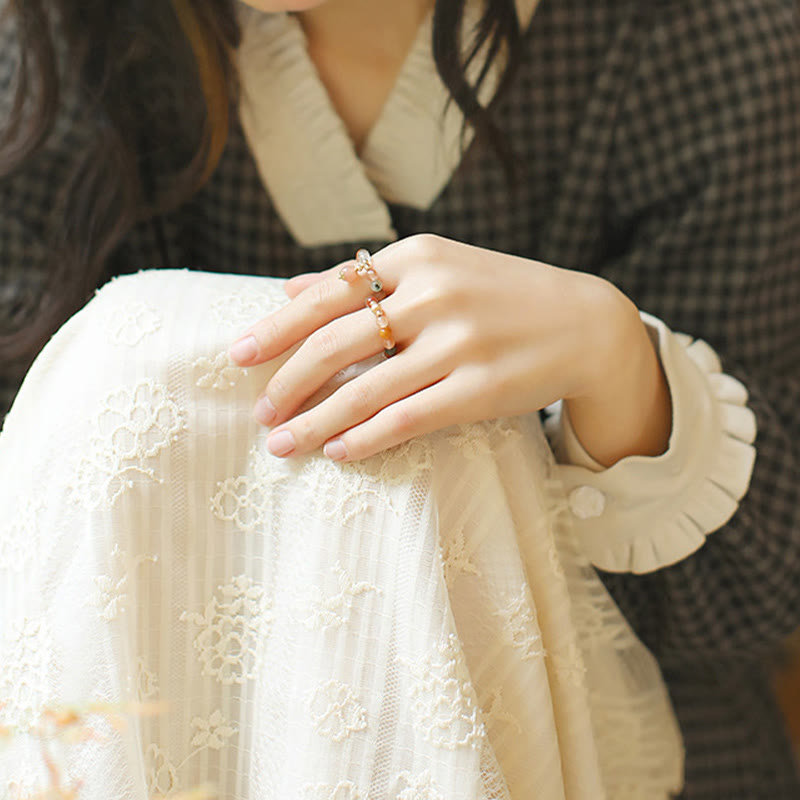 14k Gold Plated Copper Fu Lu Shou Crystal Peach Moonstone Happiness Wealth Ring