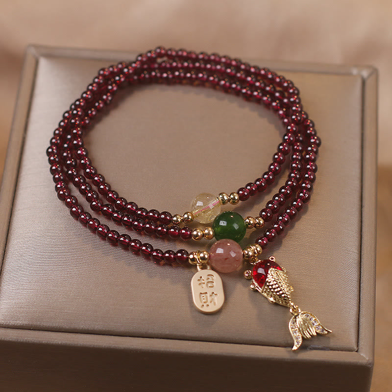 Natural Garnet & Strawberry Quartz Triple Wrap Bracelet with Jade and Citrine Accents