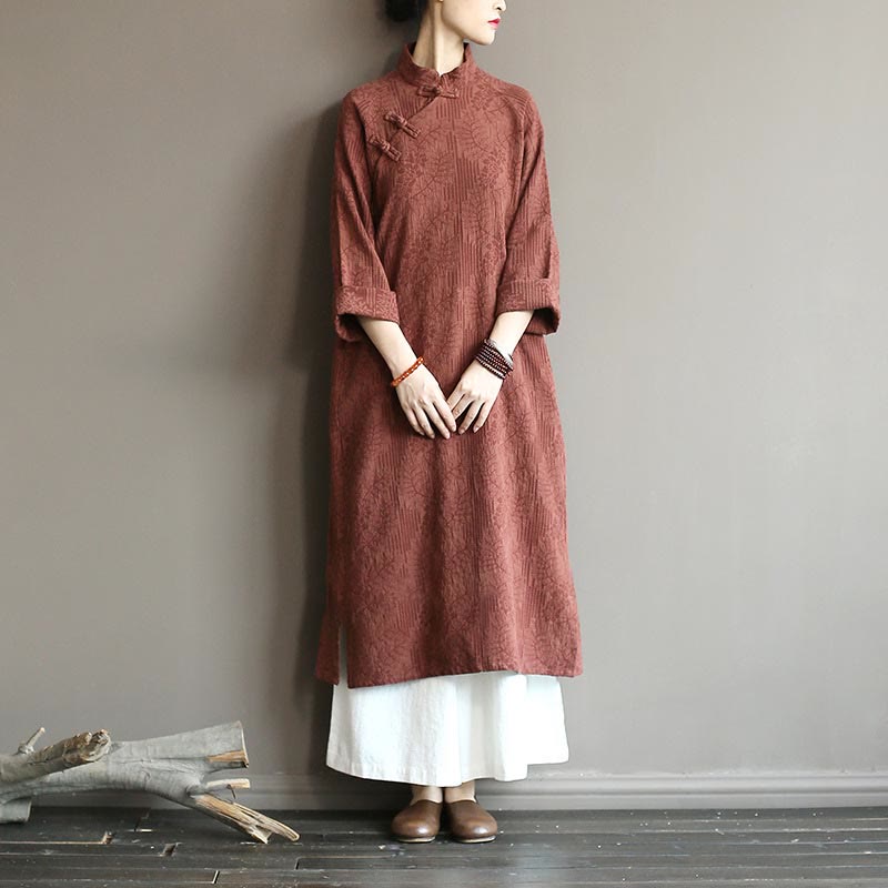 Flower Jacquard Midi Dress Long Sleeve Cotton Linen Dress Wide Leg Pants With Pockets