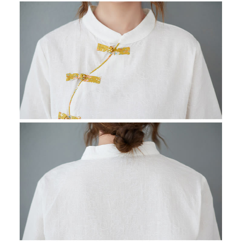 Floral Pattern Frog-Button Half Sleeve Cotton Linen Shirt