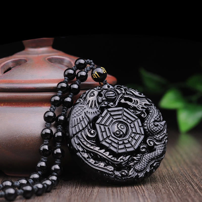 Bagua Dragon Phoenix Obsidian Fulfilment Pendant Necklace