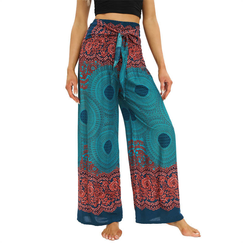 Bohemian Compass Flower Print Lace-up Wide Leg Pants Women's Yoga Pants