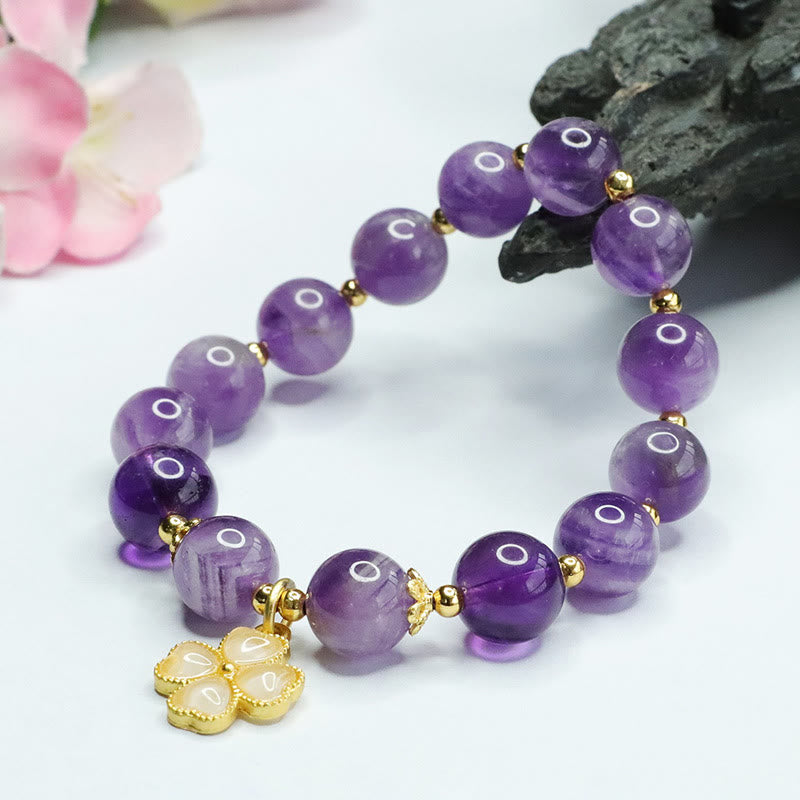 Natural Amethyst Crystal Inner Peace Four Leaf Clover Charm Bracelet