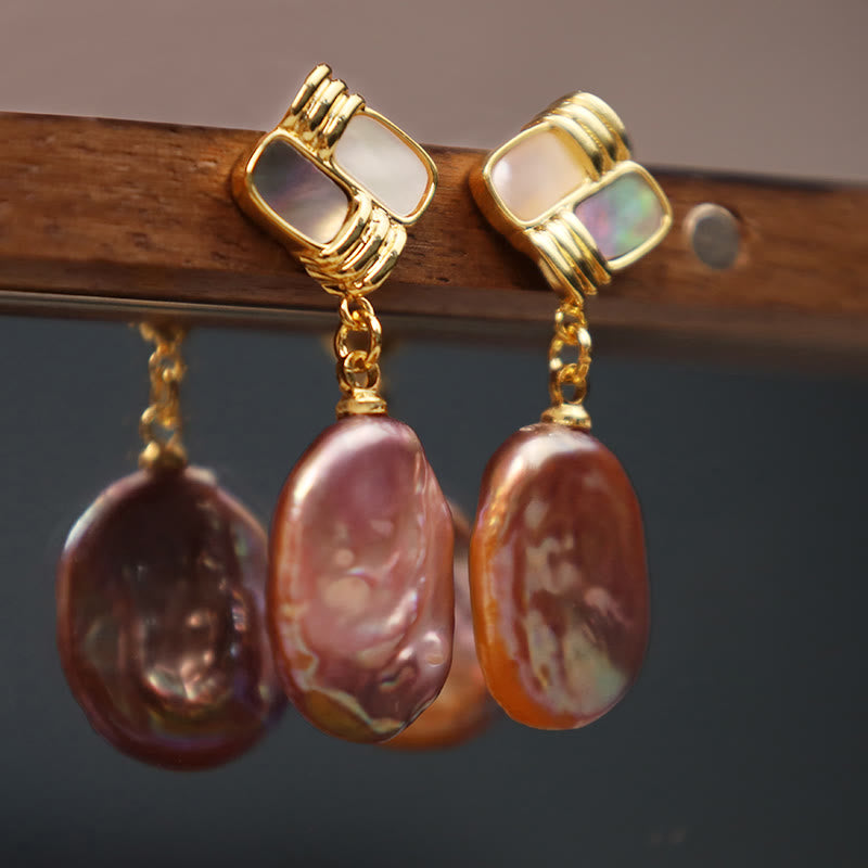 925 Sterling Silver Posts Copper Plated Gold Natural Baroque Pearl Healing Drop Earrings