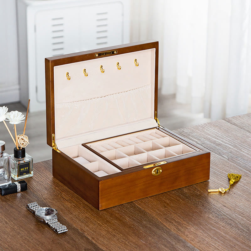 Vintage Wooden Jewelry Box Two-Layer Solid Wood Jewelry Storage Box