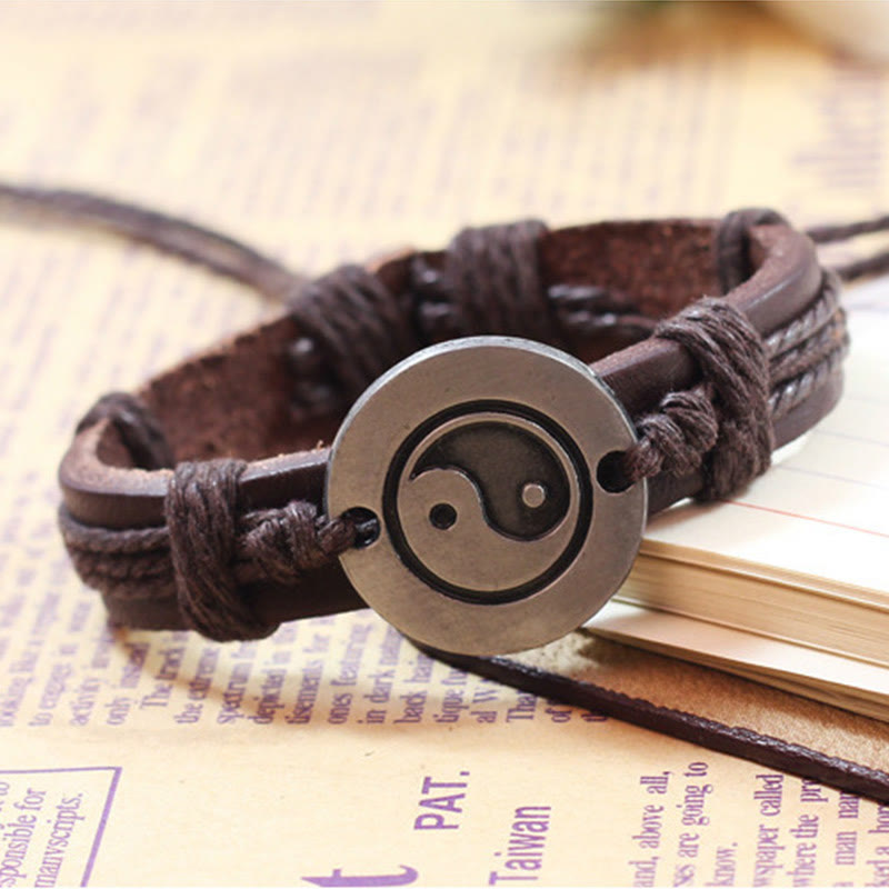 Retro Yin Yang Leather & Wax Rope Harmony Bracelet
