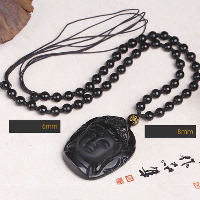 Natural Black Obsidian Kwan Yin Avalokitesvara Strength String Necklace Pendant