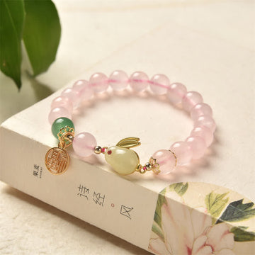 Natural Green Agate and Rose Quartz Rabbit Charm Beaded Bracelet