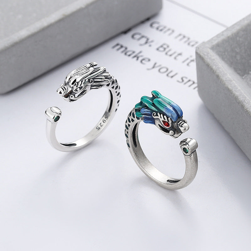 925 Sterling Silver Year Of The Dragon Luck Protection Adjustable Metal Ring