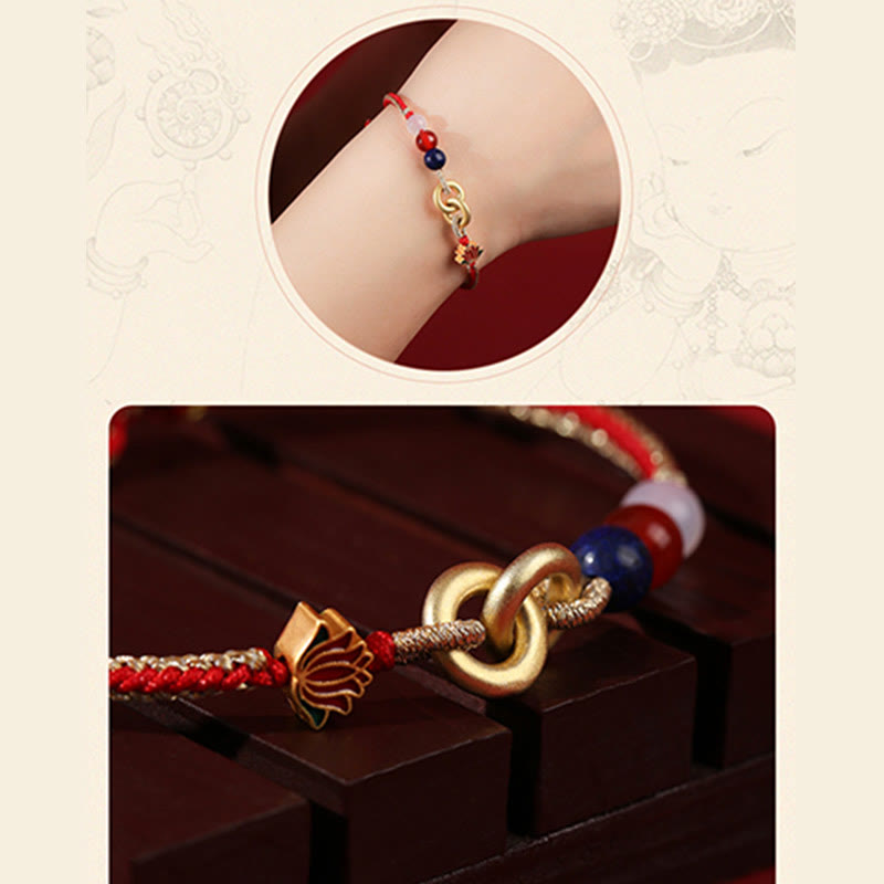 925 Sterling Silver Double Ping An Kou Lotus Jade Red String Bracelet