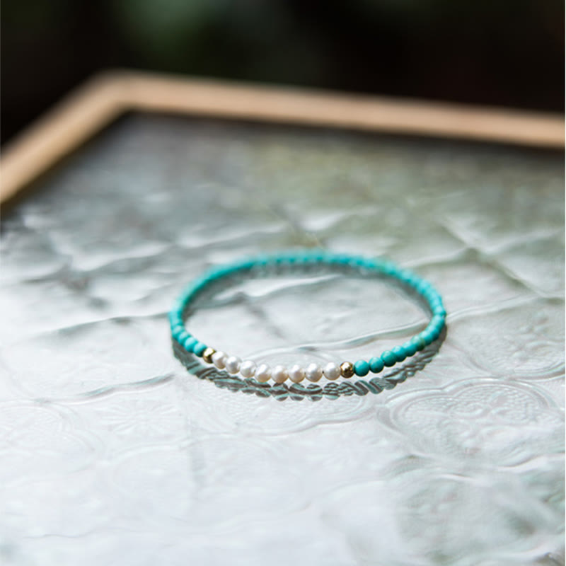 Handcrafted 925 Sterling Silver Natural Turquoise and Pearl Beaded Gold-Tone Bracelet