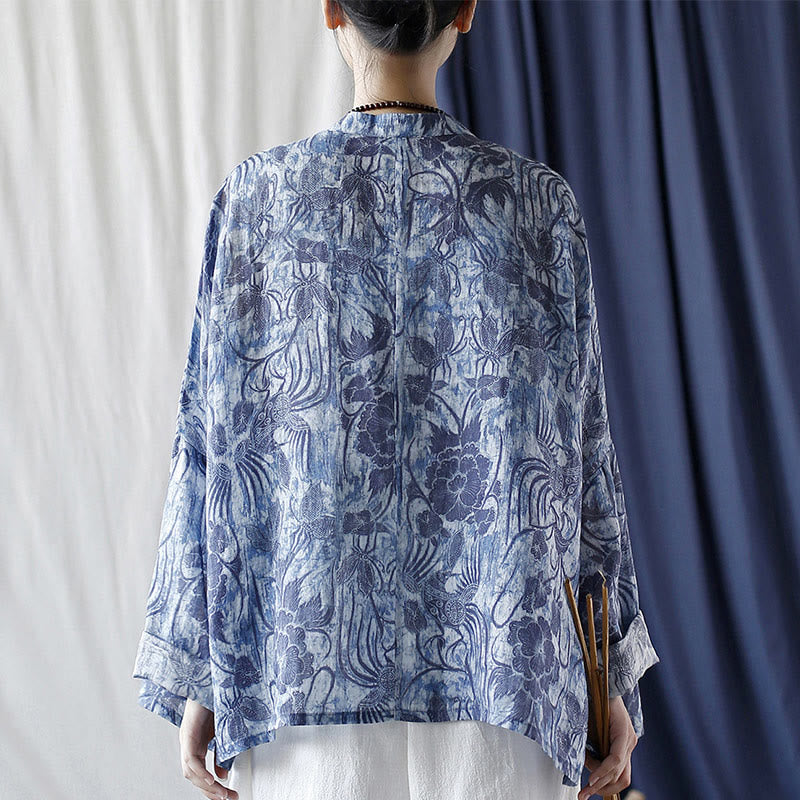 Ramie Linen Floral Stand Collar Meditation Jacket Shirt