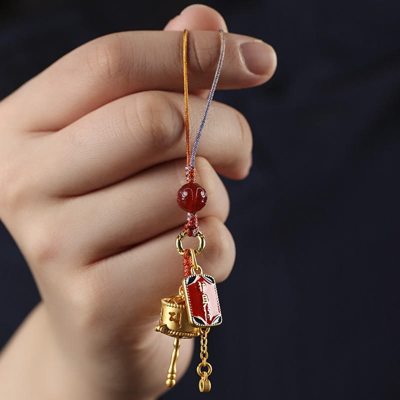 Tibetan Copper Om Mani Padme Hum Prayer Wheel & Red Agate Phone Charm