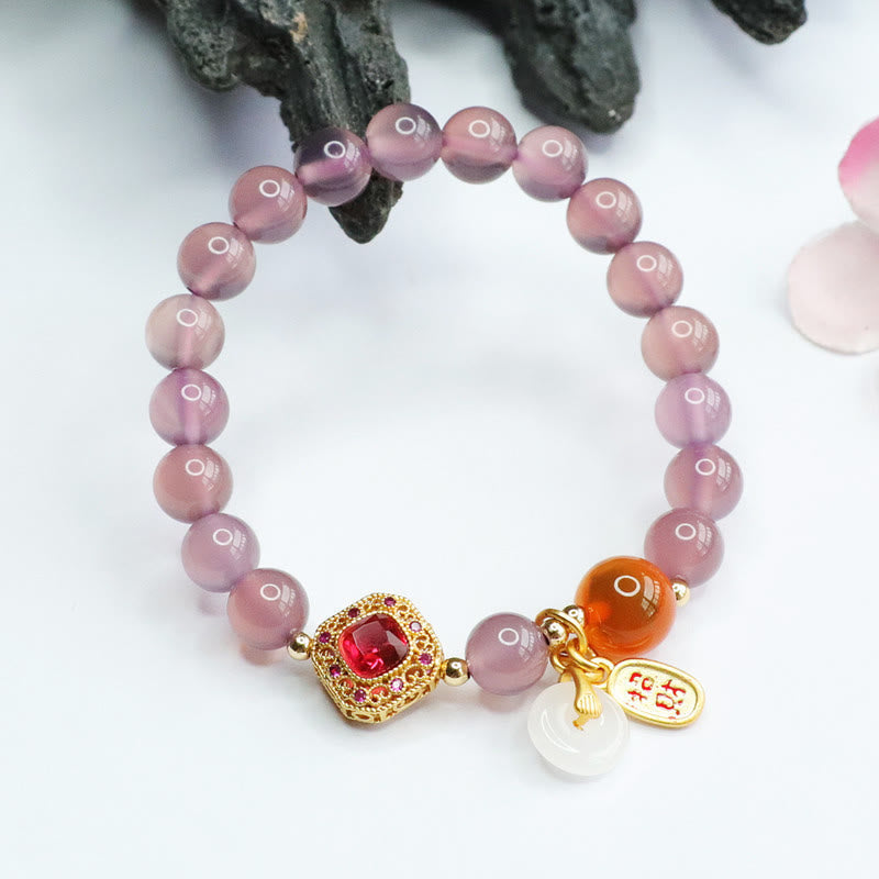 Natural Purple Chalcedony Candy Agate Peace Buckle Harmony Lucky Fortune Charm Bracelet