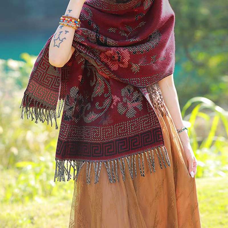 Tibetan Flowers Leaves Pattern Design Shawl Cozy Travel Scarf Wrap