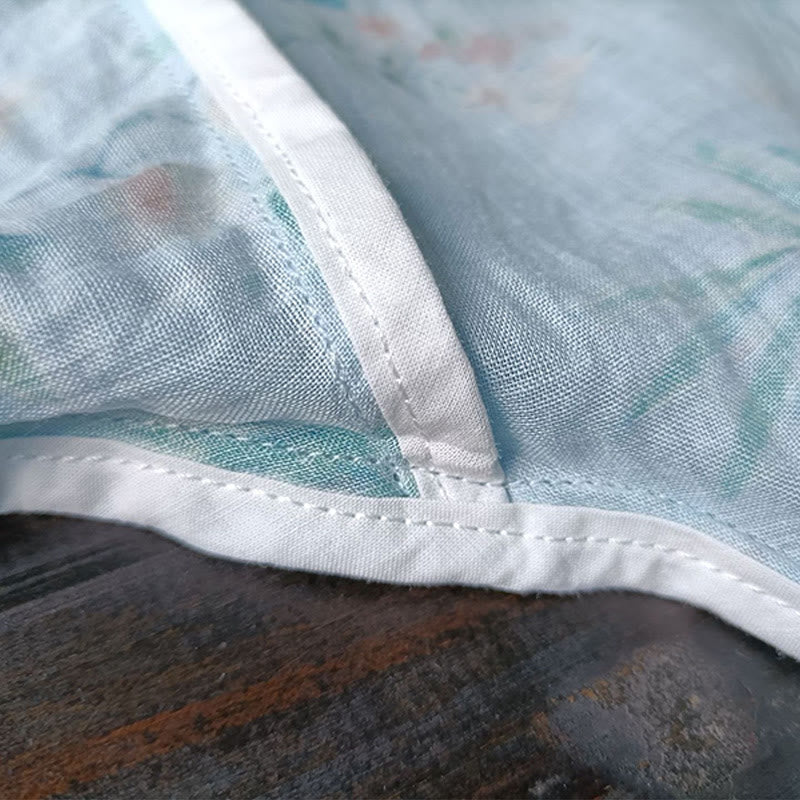 Light Green Pink Flowers Green Leaves Frog-Button Long Sleeve Ramie Linen Jacket Shirt