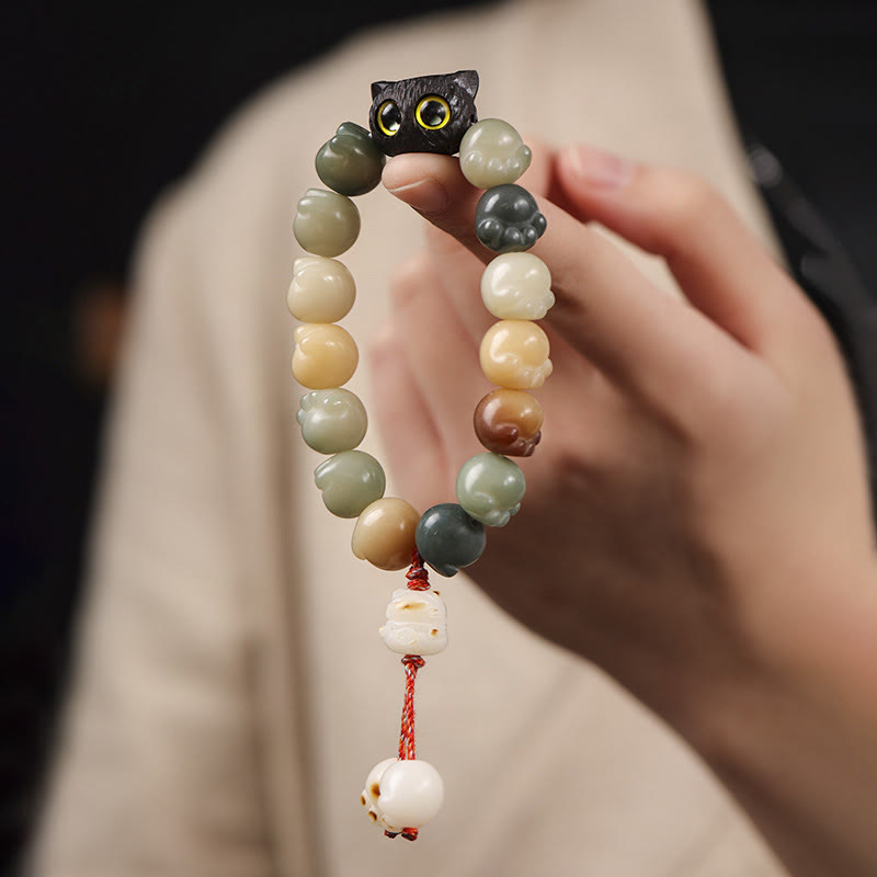 Natural Bodhi Seed Lovely Paw Ebony Wood Lucky Cat Wisdom Bracelet