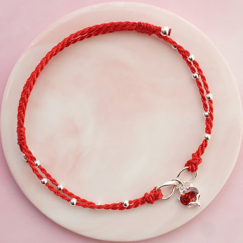 Sterling Silver & Copper Heart Infinity Braided Red String Anklet