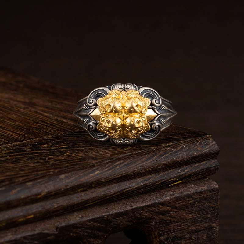 Adjustable 925 Sterling Silver Gold Kapala Tibetan Skull Ring