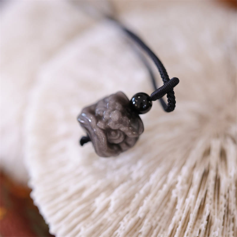 Natural Silver Sheen Obsidian Dancing Lion Protection Necklace Pendant