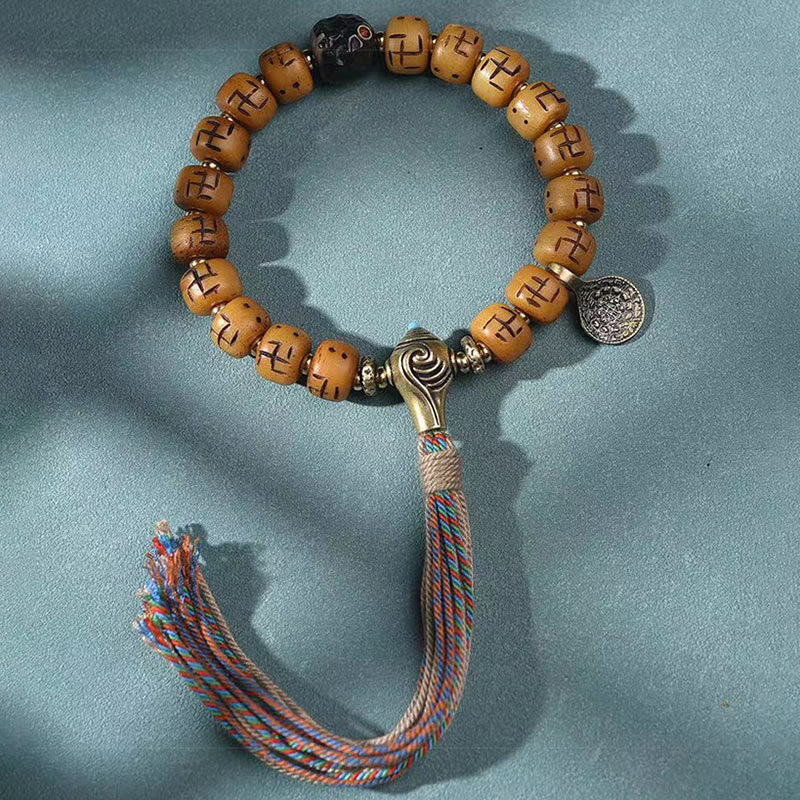 Natural Tibetan Camel Bone Bracelet with Dzi Bead, Shankha, or Kirtimukha Charms