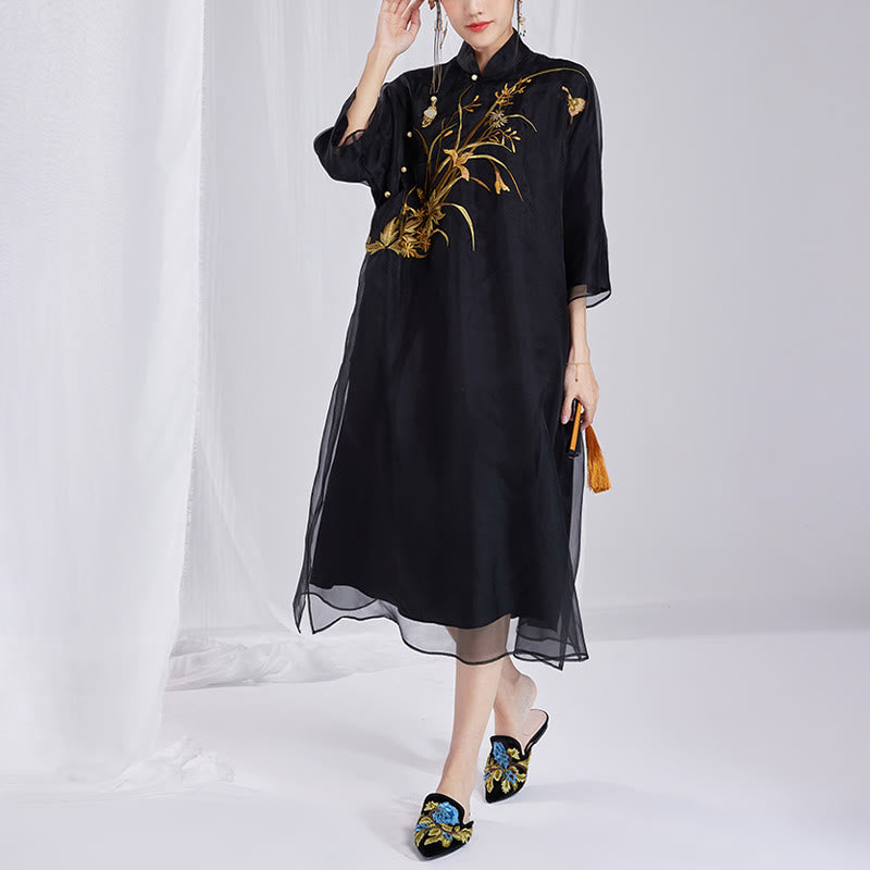 100% Mulberry Silk 6 Momme Dress Vintage Flower Butterfly Embroidery Qipao Dress Women's Cheongsam Dress