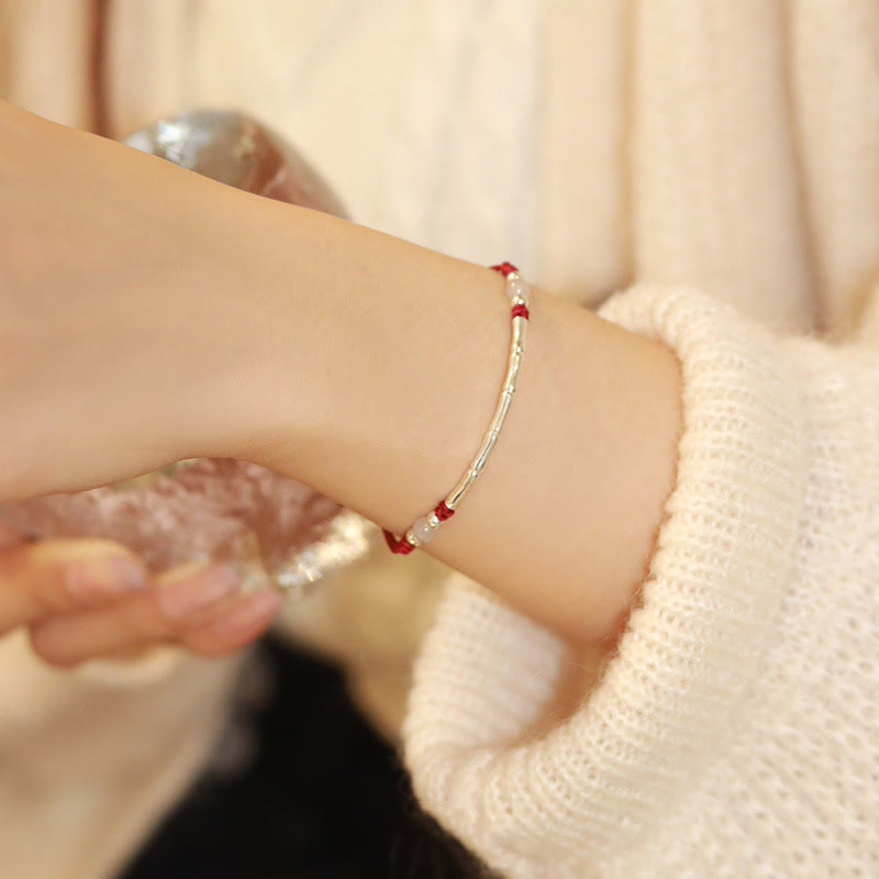 Sterling Silver Bamboo & Agate Bead Braided Red String Bracelet