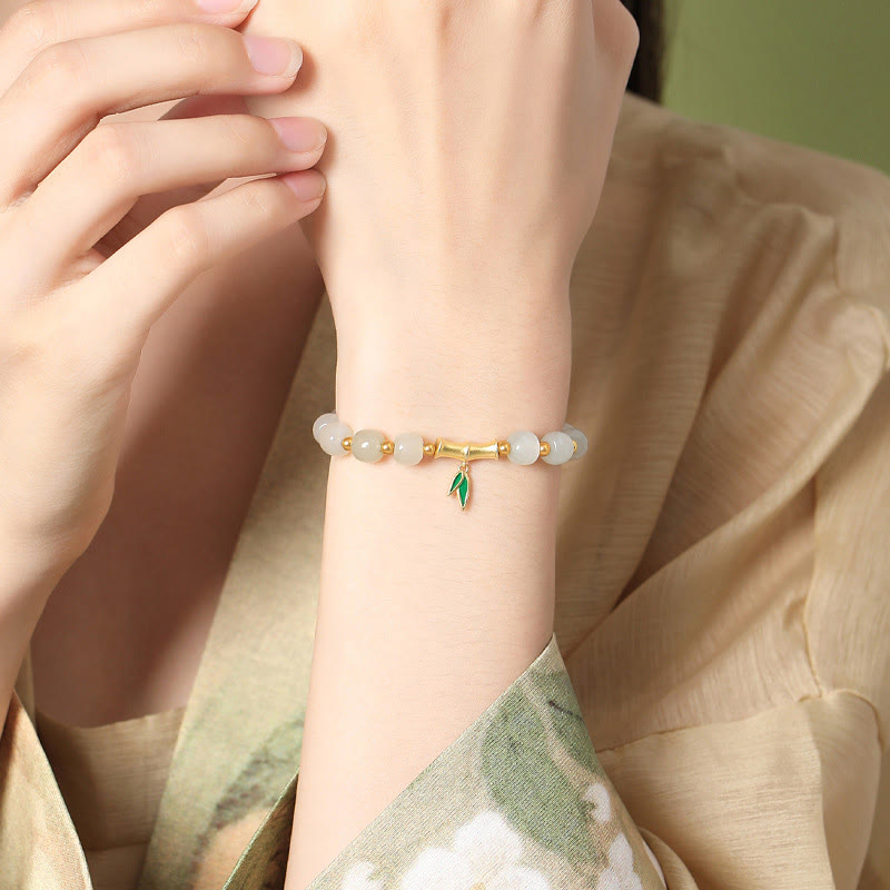 925 Sterling Silver Hetian White Jade Bamboo Luck Bracelet