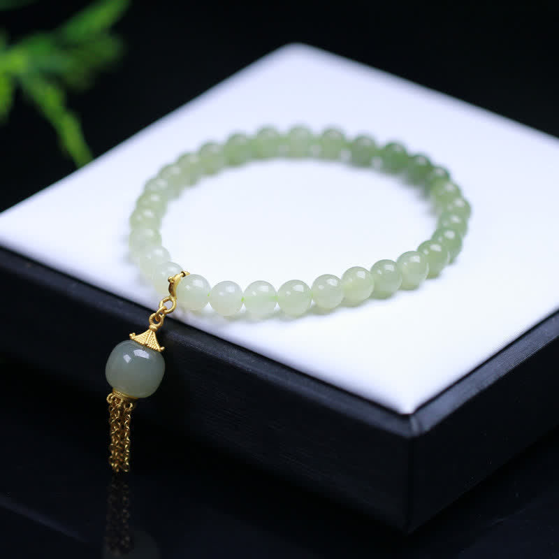 925 Sterling Silver Hetian Jade Beaded Wealth Bag Charm Bracelet