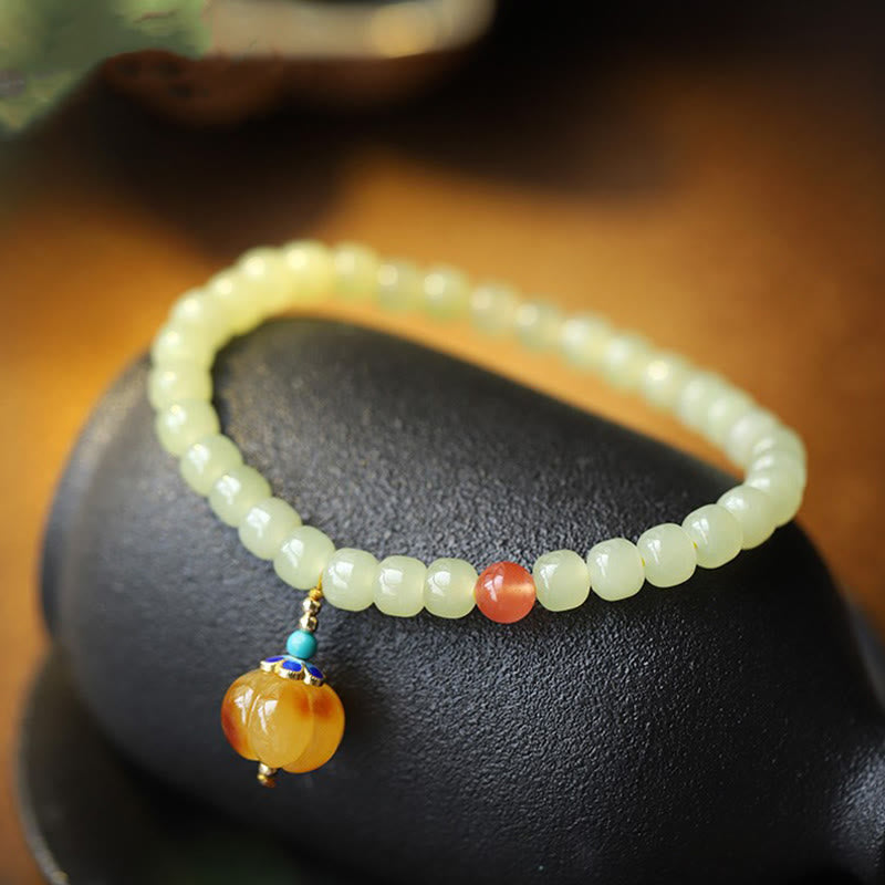 Natural Hetian Jade Amber and Red Agate Pumpkin Carved Gemstone Bracelet