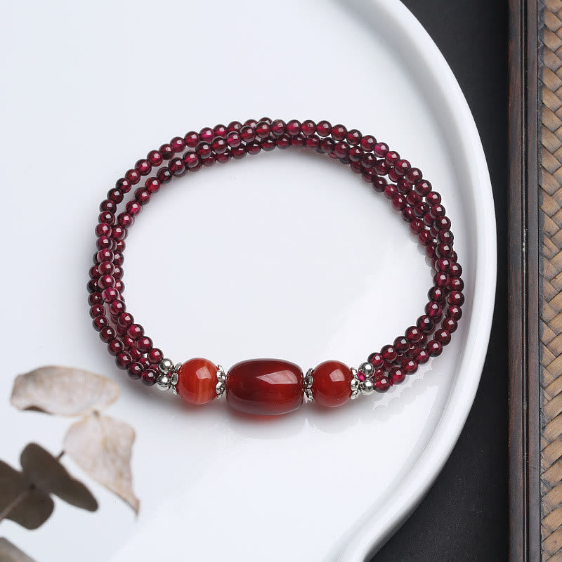 Natural Garnet Red Agate Protection Triple Layer Bracelet