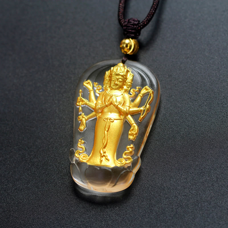 Tibetan Eight-armed Avalokitesvara Guanyin Buddha Gold Plated Liuli Crystal Wealth Necklace Pendant