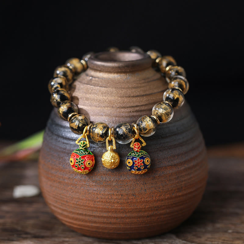 Gold Swallowing Beast Family Charm Gold Silver Foil Liuli Glass Bead Blessings Bracelet