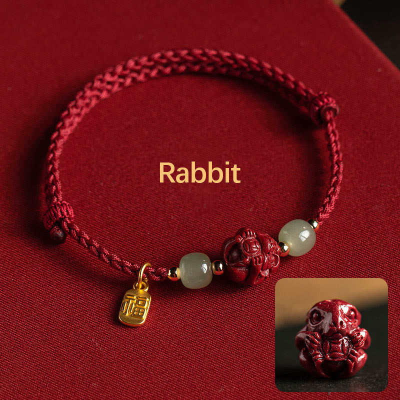 Handmade Cinnabar & Hetian Jade Sterling Silver Chinese Zodiac Fu Red String Bracelet