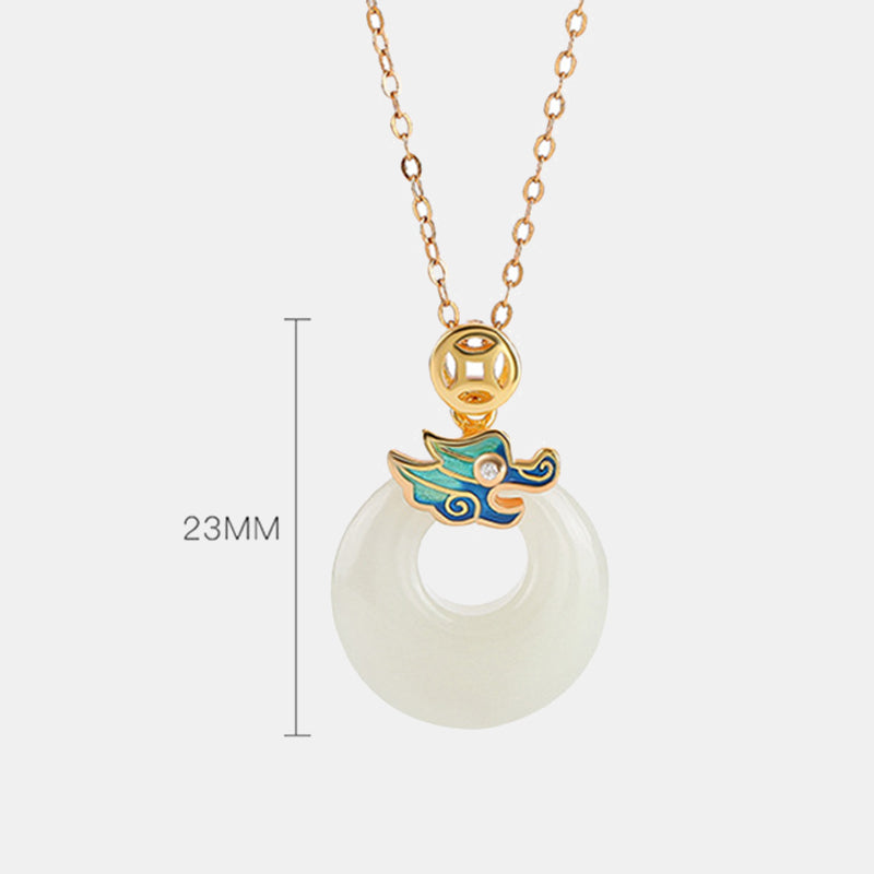 925 Sterling Silver Plated Gold Year of the Dragon Hetian Jade Peace Buckle Copper Coin Abundance Necklace Pendant