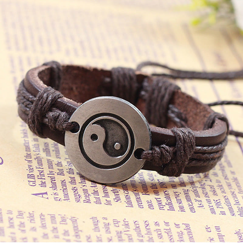 Retro Yin Yang Leather & Wax Rope Harmony Bracelet